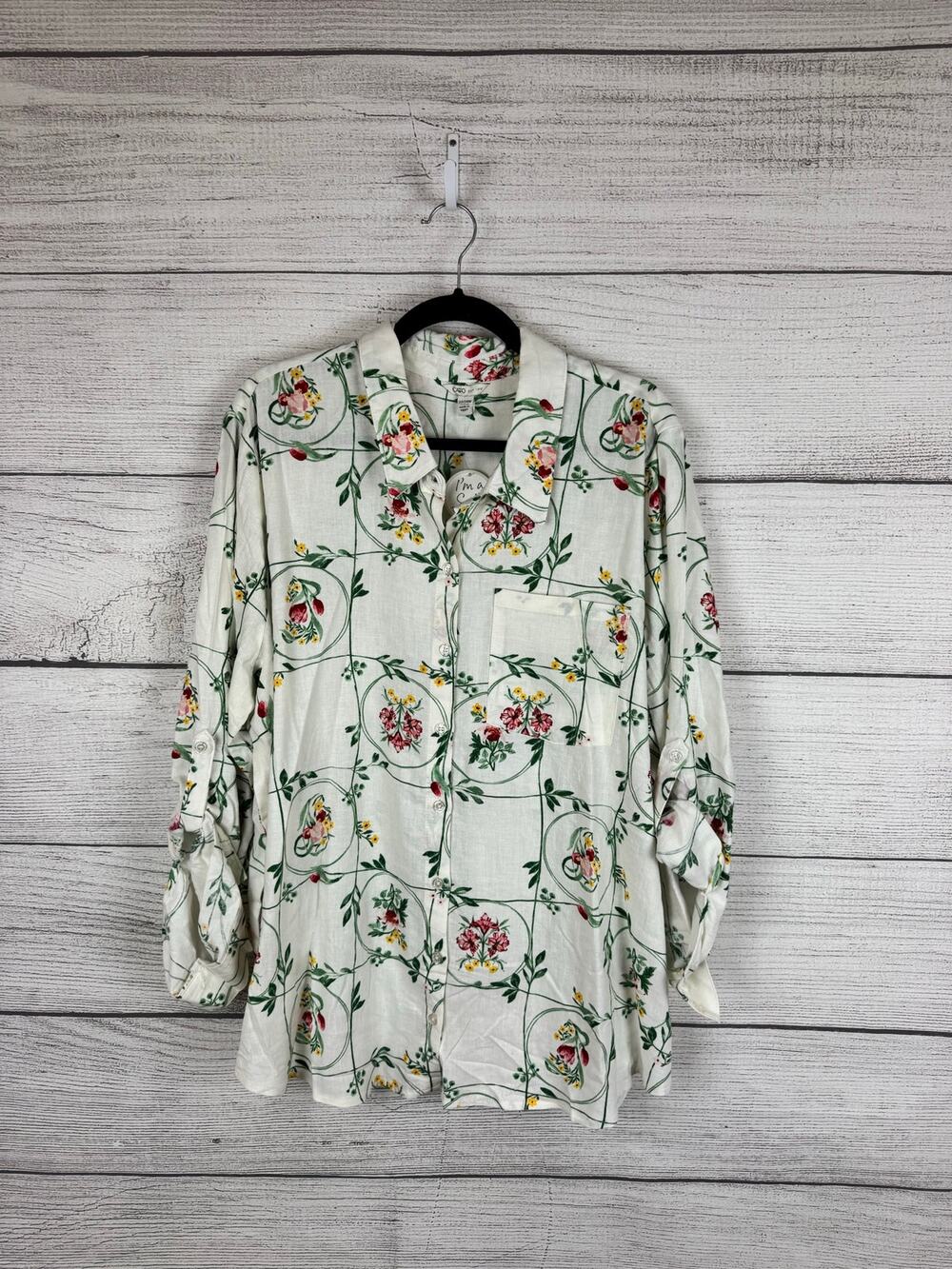 Cato Plus Size Cream & Green Floral Button Up Blouse Size 22/24W